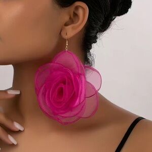 HOT Pink Sheer Oversized Fabric Flower Dangle Pierced Earrings
